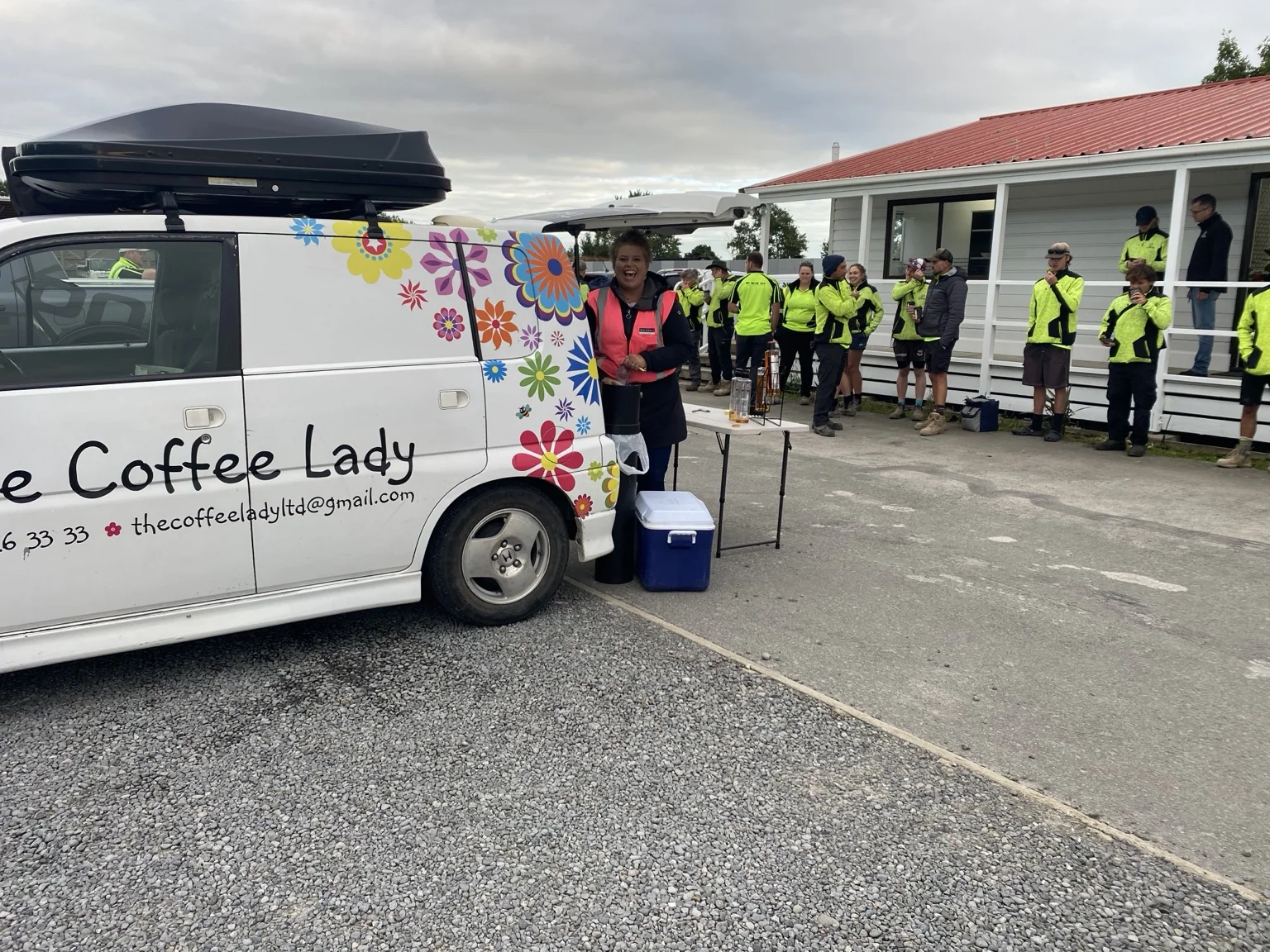 Coffee van at a workplace with staff enjoying their coffees